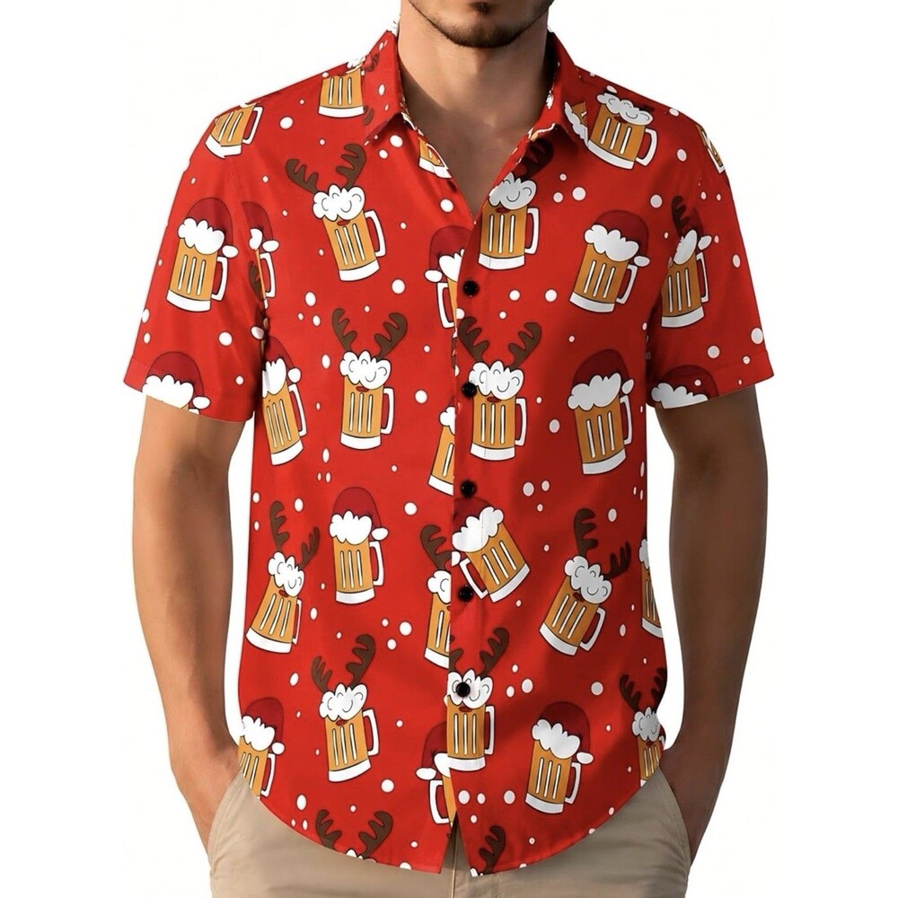 Yoimira XL Mens Christmas Beer Hawaiian Tropical Shirt Short Sleeve Button Blk